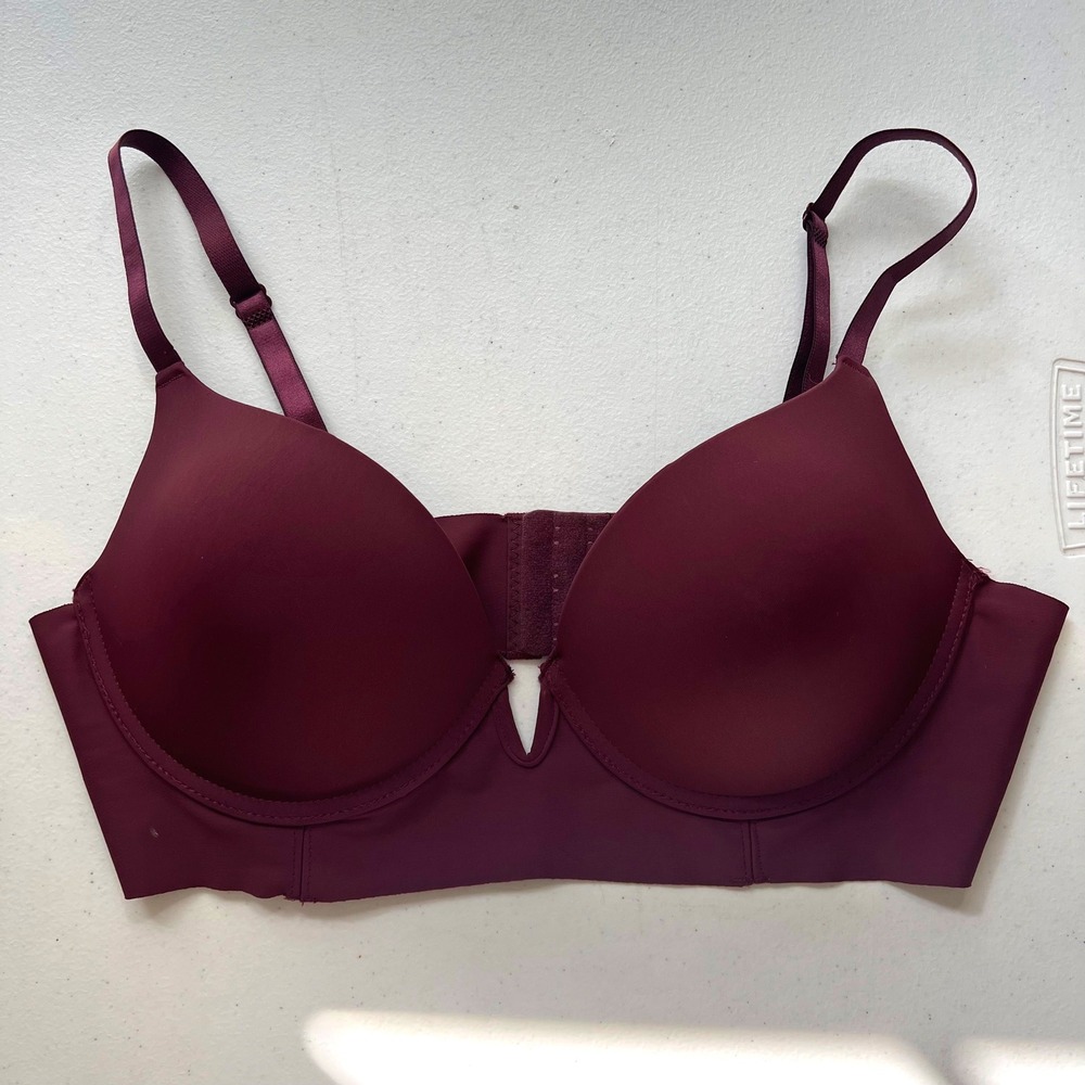 Burgundy Plunge Bra Underwire Adjustable Straps Hook and Eye Closure